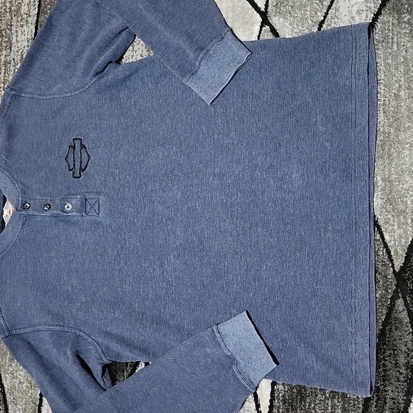 HARLEY DAVIDSON HENLEY THERMAL EMBROIDERED BAR & SHIELD BLUE LONG SLEEVE SHIRT - Picture 8 of 14